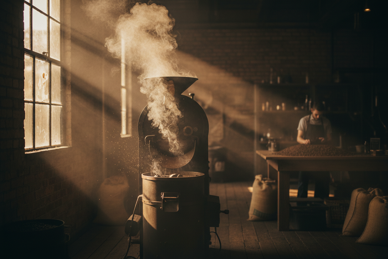 A highly atmospheric, cinematic shot of smoke curling up from a roaster in a dimly lit room. "Golden Hour" light streaming through a window.
